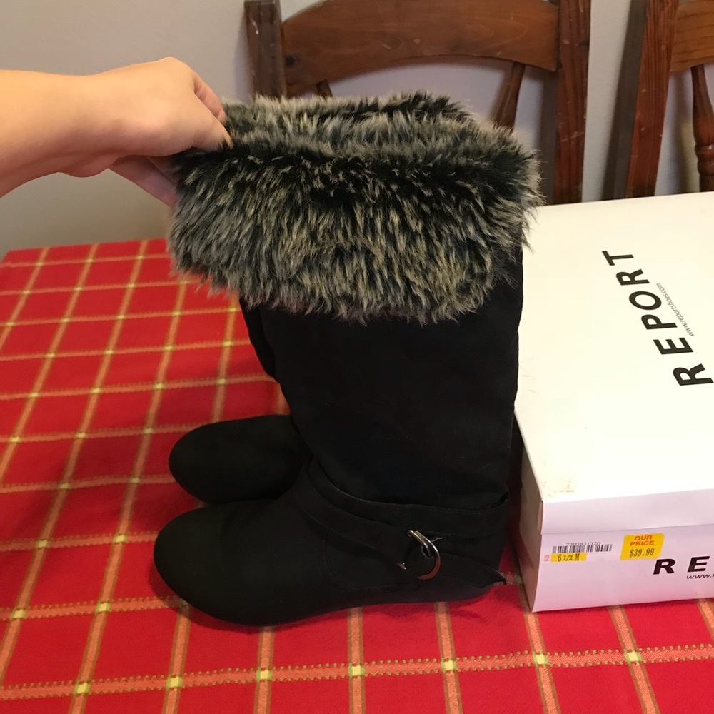 Report Syreeta Black Faux Suede Fur Trim Boots!!